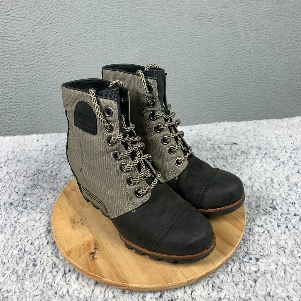 Sorel PDX Wedge‎ Bootie Women's 8 Beige/Black Leather Canvas Lace Up Waterproof